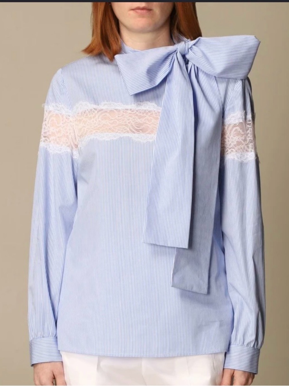 RED Valentino Light Blue Pinstripe Lace-Trim Bow Blouse